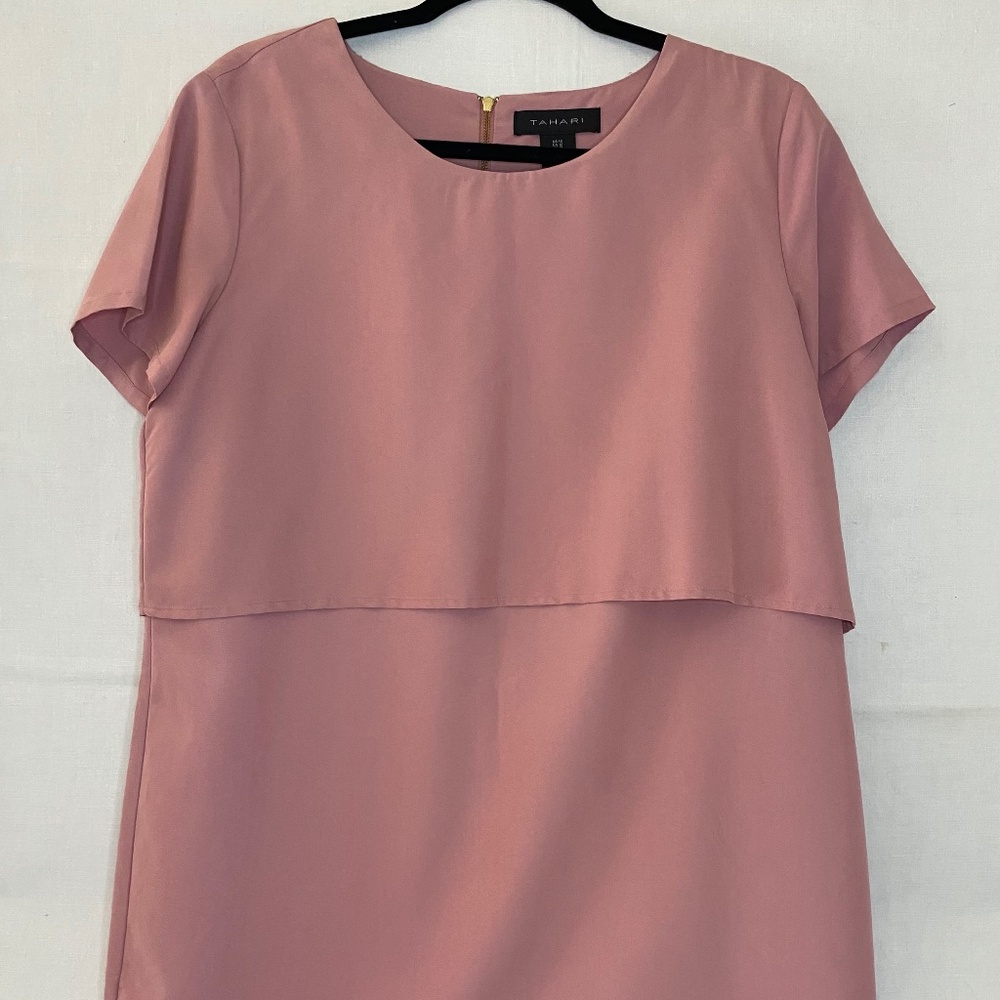 Tahari Dress Pink Rose Crew Neck Zip Up Mini Size 12